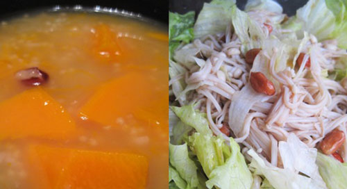 红豆南瓜粥+凉拌金针菇，单身女人的营养晚餐